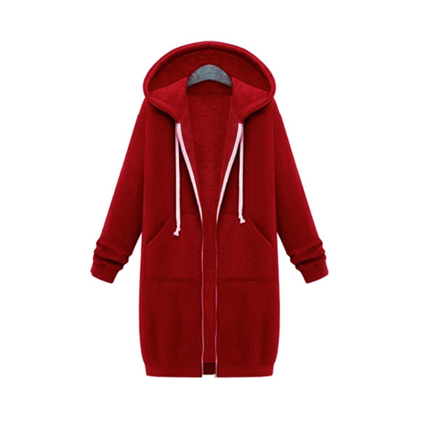 Women Hooded Long Sleeved Sweater In The Long Coat, Size:L(Red)