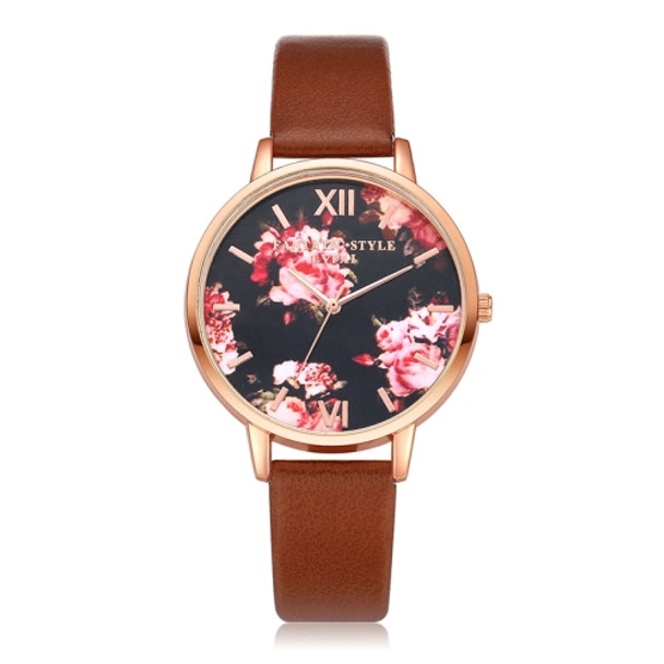 Lvpai P086Leather Strap Flower Dial Quartz Wrist Watch(Brown+Rose Gold)