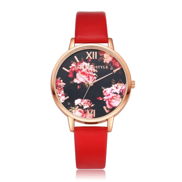 Lvpai P086Leather Strap Flower Dial Quartz Wrist Watch(Red+Rose Gold)