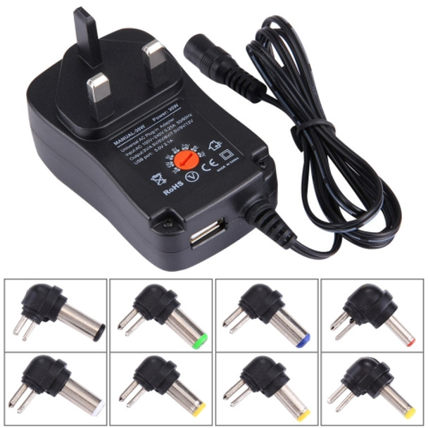 UK Plug Universal 30W Power Wall Plug-in Adapter with 5V 2.1A USB Port, Tips: 8 PCS, Cable Length: About 1.2m