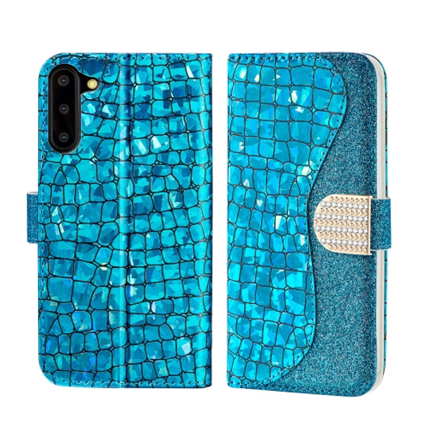 For Galaxy Note10 Laser Glitter Powder Matching Crocodile Texture Horizontal Flip Leather Case, with Card Slots & Holder(Blue)