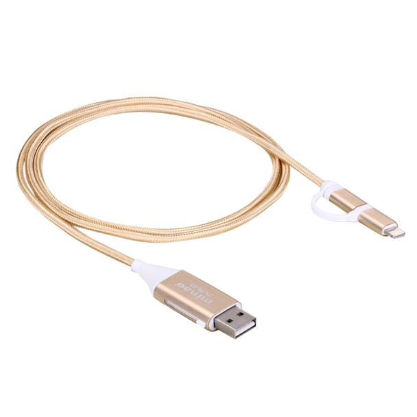 1M Multi-functional Mimao 8pin & Micro USB to OTG & USB 2.0 Data Sync Cable USB Charging Cable, For iPhone & iPad, Samsung, HTC, Sony, Huawei, Xiaomi(Gold)