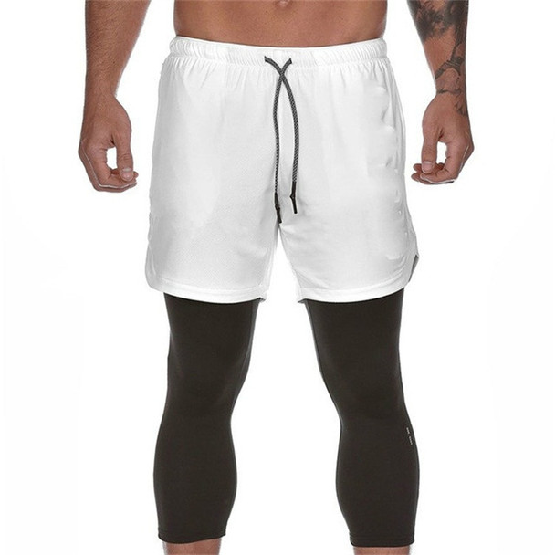 Men Running Shorts 2 in 1 Sport Leggings Male Double-layer Quick Dry Sports men Jogging Gym Shorts with Back Hanging, Size:XXL(White)