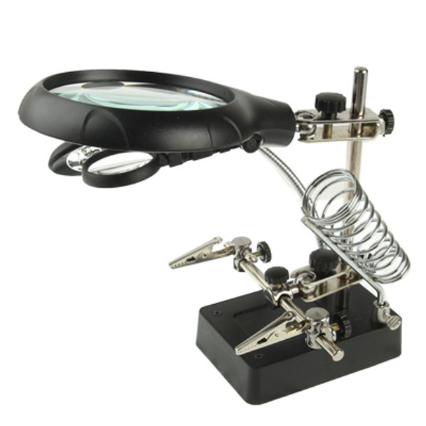 5 LED Auxiliary Clip Magnifier AC/DC Interchangeable with Soldering Stand & Two Magnifier(Silver)