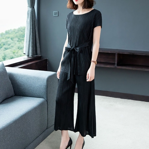 Western Style Pleated Loose Wide Leg Pants Two-piece (Color:Black Size:One Size)