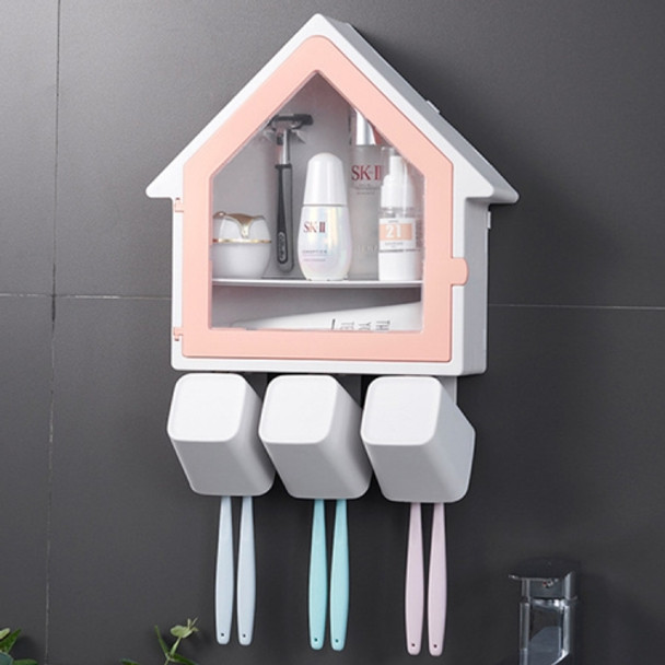 Bathroom Wall Hanging Small House Toothbrush Holder Toiletries Storage Shelf (Pink)