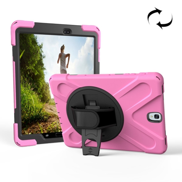 For Galaxy Tab S3 9.7 inch T820 360 Degree Rotation PC + Silicone Protective Case with Holder & Hand-strap (Pink)