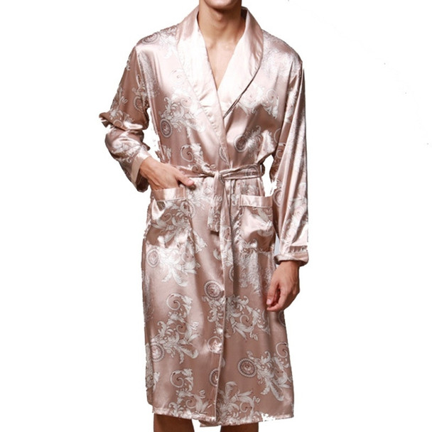 Men's Long Paragraph Silk Pajamas (Color:Camel Size:L)