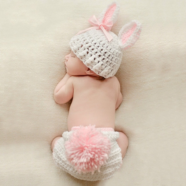 Cartoon Rabbit Shape Bow-knot Hand-knitted Wool Hat + Underwear Children Photography Clothing Set(White )