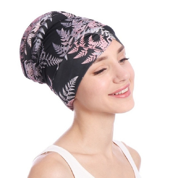 Floral Turban Hat Cotton Back Plate Hair Wrap Cap, Size:M (56-58cm)(Black + Pink)