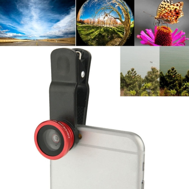 F-018 5 in 1 Universal 180 Degree Fisheye Lens + Macro Lens + 0.65X Wide Lens + CPL Lens + 2X Telephoto Lens with Clip, For iPhone, Galaxy, Sony, Lenovo, HTC, Huawei, Google, LG, Xiaomi, other Smartphones(Red)