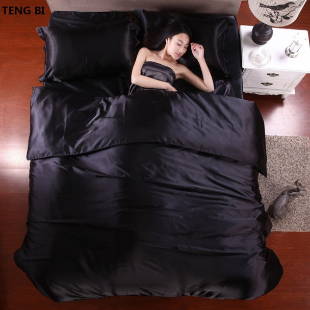 Pure Satin Silk Bedding Set Home Textile Bed Set Bedclothes Duvet Cover Sheet Pillowcases, Size:2.0m bed four-piece set(Black)