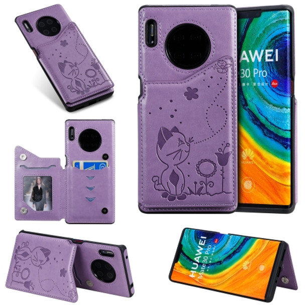 For Huawei Mate30 Pro Cat Bee Embossing Pattern Shockproof Protective Case with Card Slots & Photo Frame(Purple)