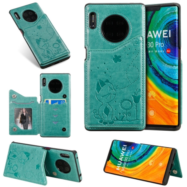 For Huawei Mate30 Pro Cat Bee Embossing Pattern Shockproof Protective Case with Card Slots & Photo Frame(Green)