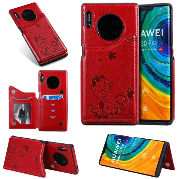 For Huawei Mate30 Pro Cat Bee Embossing Pattern Shockproof Protective Case with Card Slots & Photo Frame(Red)