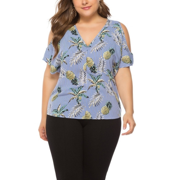 Floral Pineapple Pattern Off-Shoulder V-neck Loose Large Size Top (Color:Blue Size:XL)