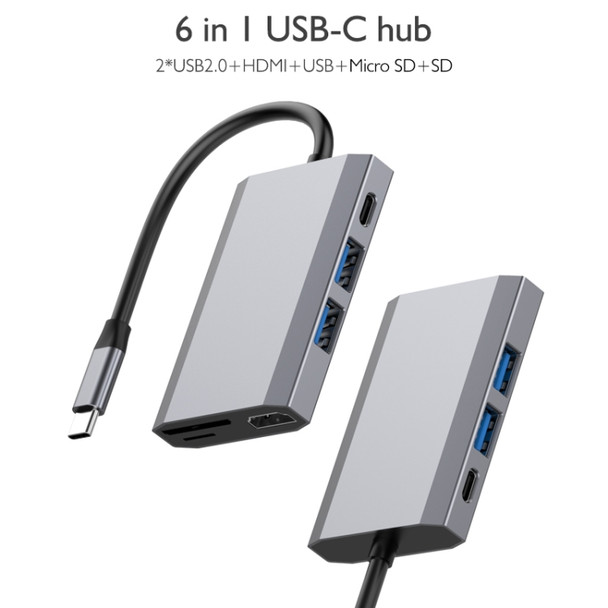 basix TW6A 6 in 1 USB-C / Type-C to 2 USB 3.0 + USB-C / Type-C + HDMI Interfaces HUB Adapter with Micro SD / SD Card Slots (Grey)