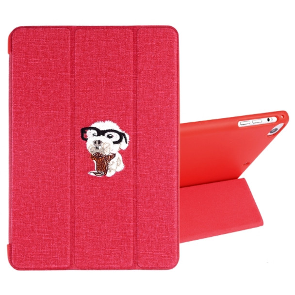 Embroidered cartoon Pattern Left and Right Flip Leather Case for iPad Mini 5 / 4, with Three-folding Holder & Sleep / Wake-up Function & Pen Slot (Red)
