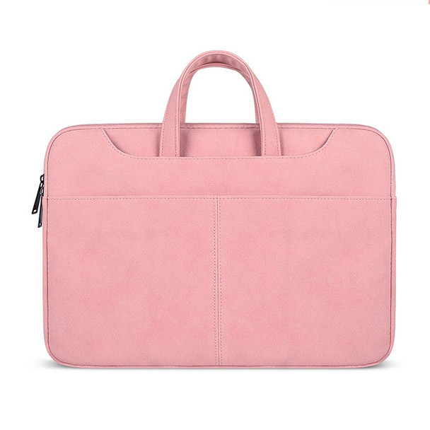ST06S Waterproof PU Leather Zipper Hidden Portable Strap One-shoulder Handbag for 14.1 inch Laptops, with Magic Stick & Suitcase Belt (Pink)