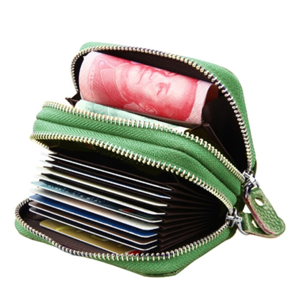 Genuine Cowhide Leather Dual Layer Solid Color Zipper Card Holder Wallet Coin Purse Card Bag Protect Case with Card Slots & Coin Position, Size: 10.5*7.0*4.0cm(Green)