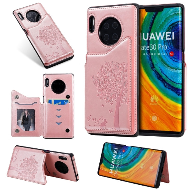 For Huawei Mate30 Pro Cat Tree Embossing Pattern Shockproof Protective Case with Card Slots & Photo Frame(Rose Gold)