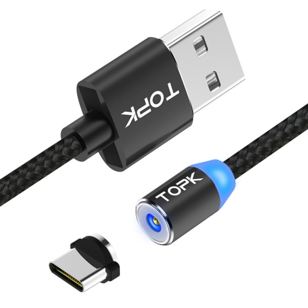 TOPK 1m 2.4A Max USB to USB-C / Type-C Nylon Braided Magnetic Charging Cable with LED Indicator(Black)