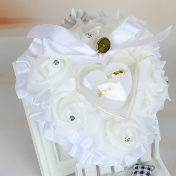 Heart-shaped Ring Box can Hang Simulation Foam Rose Ring Pillow Wedding Supplies(White)