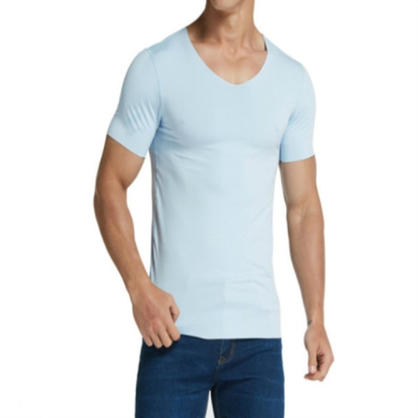 Men Ice Silk Quick Dry T-shirt Short Sleeve V Neck Solid Color Seamless Breathable Top(Baby Blue)