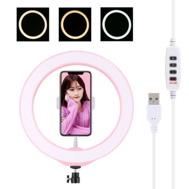 PULUZ 10.2 inch 26cm USB 3 Modes Dimmable LED Ring Vlogging Selfie Photography Video Lights with Cold Shoe Tripod Ball Head & Phone Clamp(Pink)