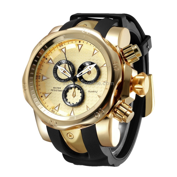 1670 Shock Resistant Fashionable Quartz Business Sport Wrist Watch with Rubber Band & Alloy Case for Men (Gold)