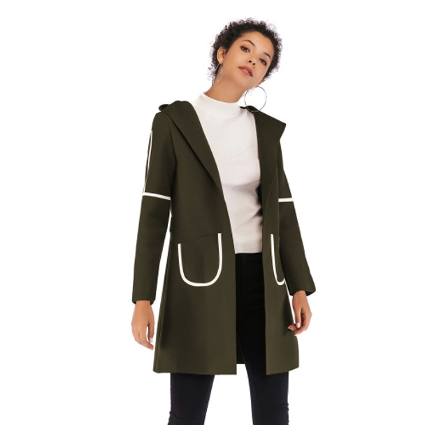Double Pocket Long Hooded Warm Thick Woolen Coat for Women (Color:Army Green Size:L)