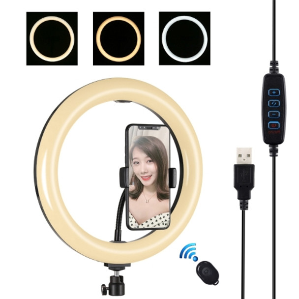 PULUZ 10.2 inch 26cm USB 3 Modes Dimmable Dual Color Temperature LED Curved Diffuse Light Ring Vlogging Selfie Photography Video Lights with Phone Clamp(Black)