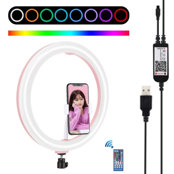 PULUZ 11.8 inch 30cm RGB Dimmable LED Dual Color Temperature LED Curved Diffuse Light Ring Vlogging Selfie Photography Video Lights with Cold Shoe Tripod Ball Head & Phone Clamp & Remote Control(Pink)