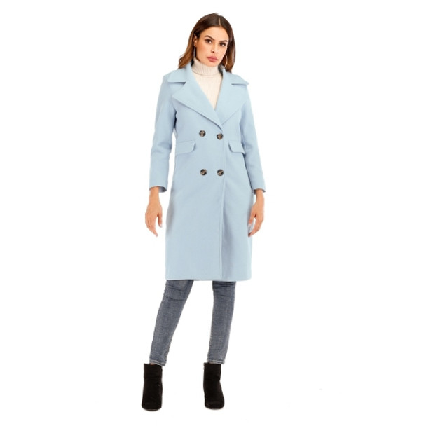 Women Solid Color Long Sleeve Woolen Coat (Color:Blue Size:L)