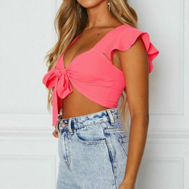 2 PCS Short Sleeve Soft Crop Top Front Knot Tie Ladies Casual Ruffle Solid Color V-Neck Shirt, Size: XXL(Rose Red)