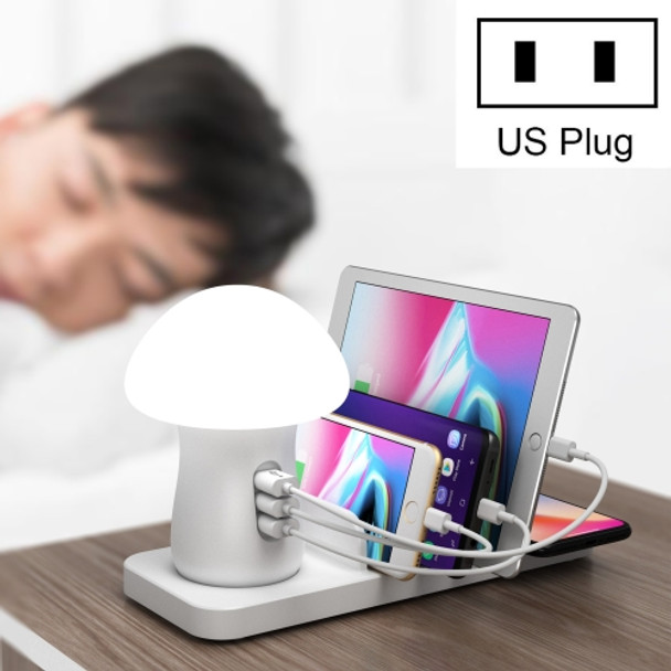 HQ-UD12 Universal 4 in 1 40W QC3.0 3 USB Ports + Wireless Charger Mobile Phone Charging Station with Mushroom Shape LED Light, Length: 1.2m, US Plug (White)