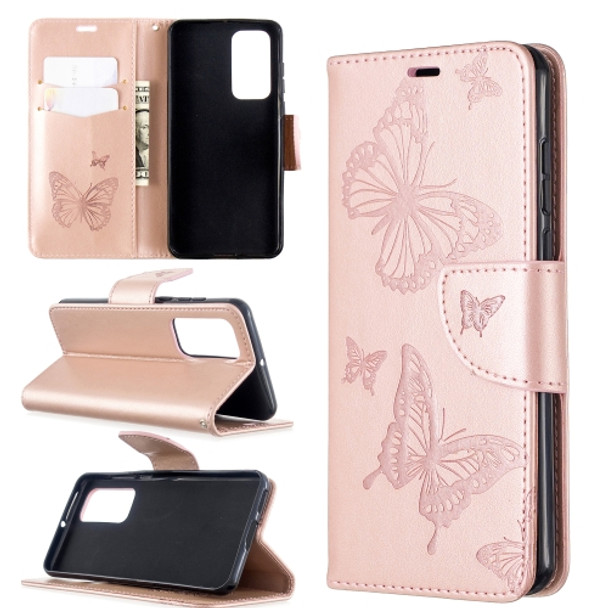 For Huawei P40 Two Butterflies Embossing Pattern Horizontal Flip Leather Case with Holder & Card Slot & Wallet & Lanyard(Rose Gold)