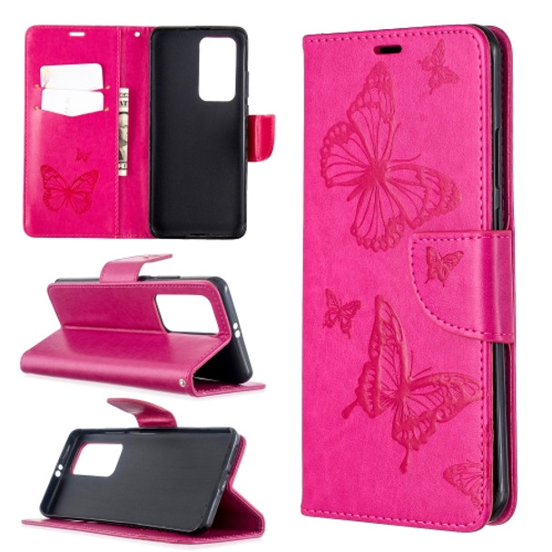 For Huawei P40 Pro Two Butterflies Embossing Pattern Horizontal Flip Leather Case with Holder & Card Slot & Wallet & Lanyard(Rose Red)
