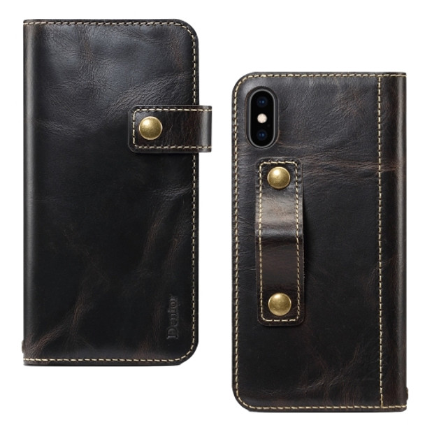 For iPhone XS Max Denior Oil Wax Cowhide DK Magnetic Button Horizontal Flip Leather Case with Holder & Card Slots & Wallet(Black)