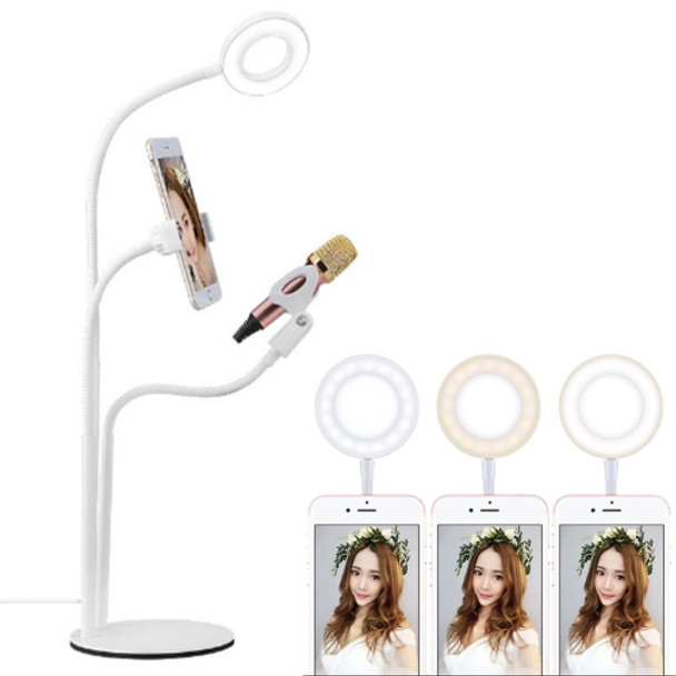 Universal Cell Phone Holder Bracket Selfie Ring Light with Microphone Clip & 3-Color Light Adjustment, for Studio Recording, Live Broadcast, Live Show, KTV, etc.(White)