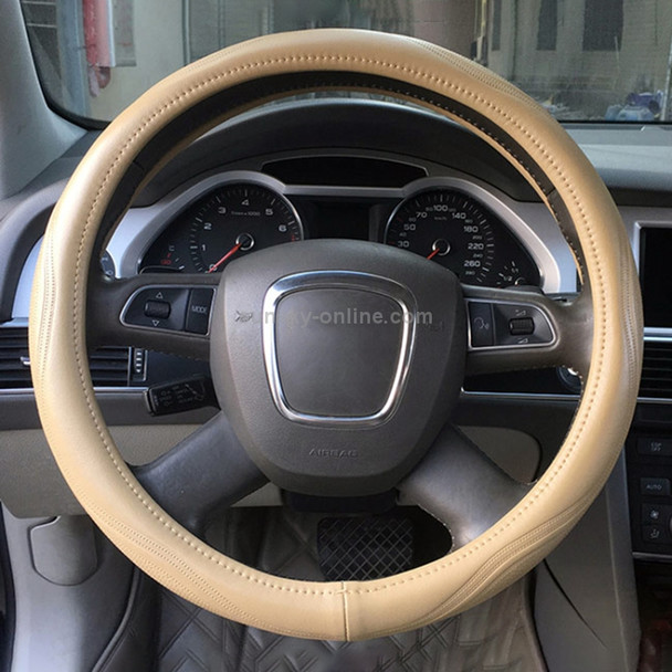 Universal Car Genuine Leather Pinhole Steering Wheel Cover, Diameter: 38cm (Beige)