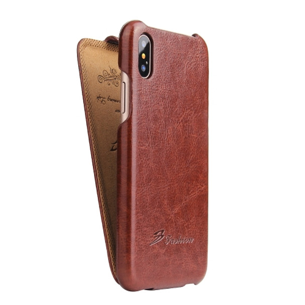Fierre Shann Retro Oil Wax Texture Vertical Flip PU Leather Case for iPhone X / XS(Brown)
