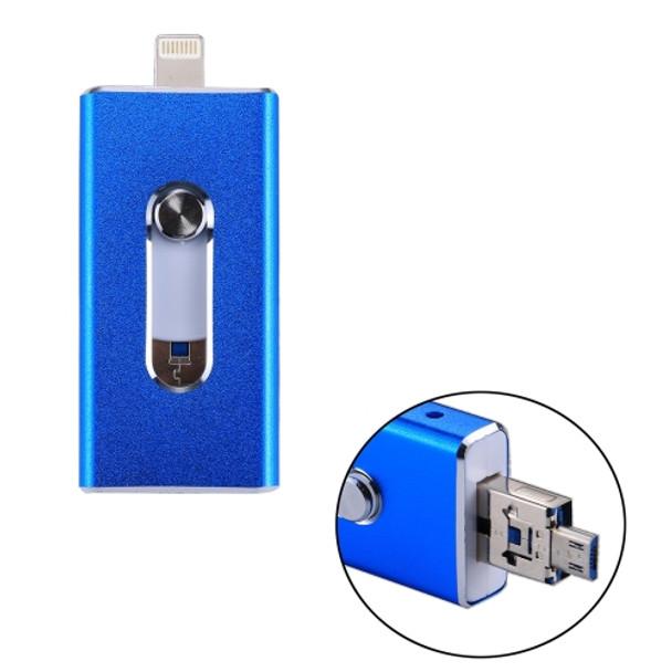 RQW-02 3 in 1 USB 2.0 & 8 Pin & Micro USB 64GB Flash Drive, for iPhone & iPad & iPod & Most Android Smartphones & PC Computer(Blue)