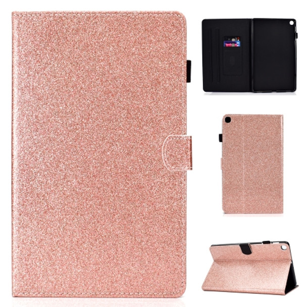 For Galaxy Tab A 10.1 (2019) T510 Varnish Glitter Powder Horizontal Flip Leather Case with Holder & Card Slot(Rose Gold)