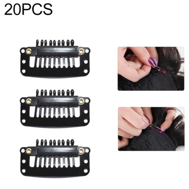 20 PCS 32mm 9-teeth Hair Extension Clips Snap Metal Clips With Silicone Back(Black)