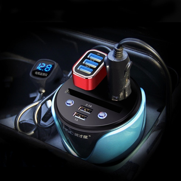 HSC YC-19D Car Cup Charger 2.1A/1A Dual USB Ports Car 12V-24V Charger with 2-Socket Cigarette, Card Socket and LED Display(Blue)