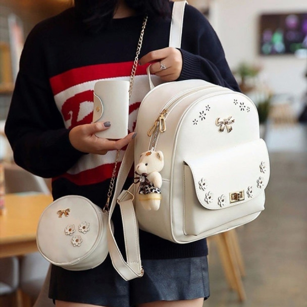 3 in 1 Flower PU Leather Double Shoulders School Bag Travel Backpack Bag with Bear Pendant (White)