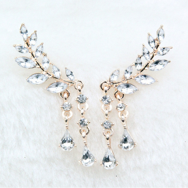 Women Crystal Leaf Fringed Earrings Gold