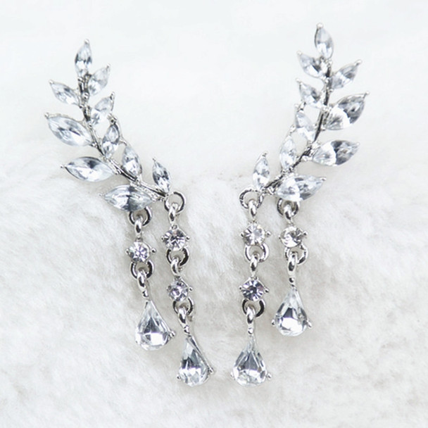 Women Crystal Leaf fringed Earrings silver