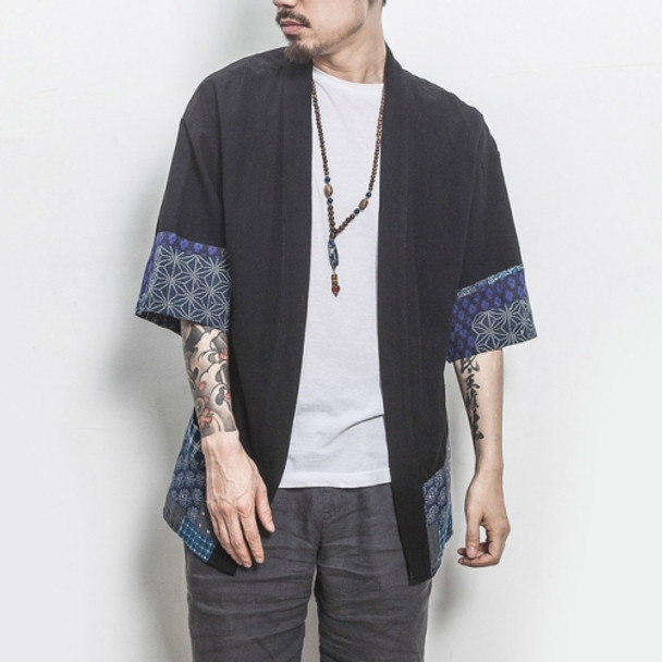 Retro Hanfu Seven-quarter Sleeve Cotton Linen Solid Stitching Youth Men Cardigan Coat, Size:XXXXL(Black)